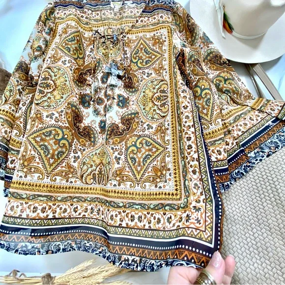 Anthropologie Fig & Flower boho blouse Gypsy southwestern vibe w bell sleeves - Picture 10 of 14